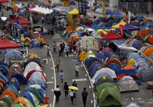 Tents set up by pro-democracy protesters are seen in an occupied area outside government headquarters in Hong Kong's Admiralty district in Hong Kong Tuesday, Nov. 11
