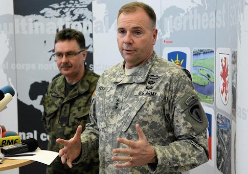 U.S. Army Europe commander Ben Hodges speaks as Polish general Boguslaw Samol stands during news conference during a visit to the Multinational Corps Northeast, NATO base at Szczecin in north-west Poland