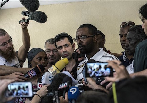 Relatives of Ethiopian-Israeli Avraham Mengistu, 28, hold a press conference in the costal city of Ashkelon, Israel, Thursday, July 9