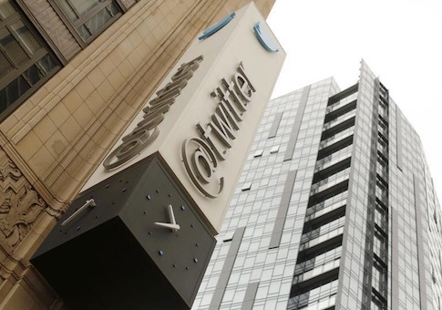 The Twitter logo is shown at its corporate headquarters in San Francisco