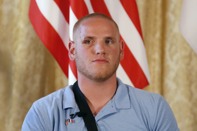 U.S. Airman Spencer Stone attends a press conference held at the U.S. Ambassador's residence