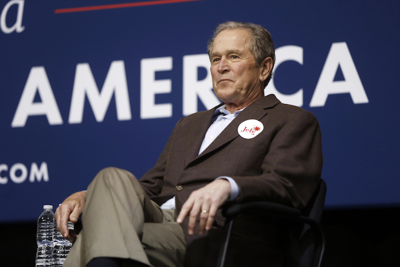 Former President George W. Bush campaigns for his brother Republican presidential candidate, former Florida Gov. Jeb Bush Monday, Feb. 15, 2016, in North Charleston, S.C. (AP Photo/Matt Rourke)