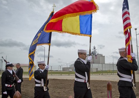 U.S. Navy flag bearers at a ceremony in Romania Thursday