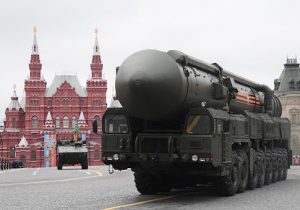 A Russian Yars RS-24 intercontinental ballistic missile system rides through Red Square during the Victory Day military parade in Moscow