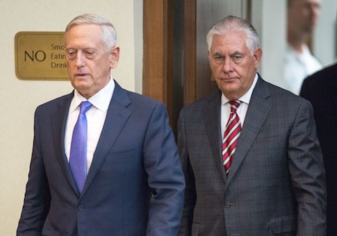 US Secretary of Defense Jim Mattis is followed by US Secretary of State Rex Tillerson to conduct a two question press conference after meeting with Chinese State Councilor Yang Jiechi, and Chief of the People's Liberation Army Joint Staff Department General Fang Fenghui