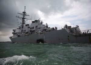 The U.S. Navy guided-missile destroyer USS John S. McCain is seen after a collision