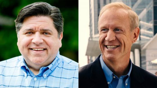 Photos from J.B. Pritzker and Bruce Rauner's Facebook pages