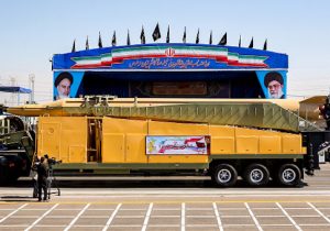 Long-range Iranian missile "Ghadr F" is shown during the annual military parade