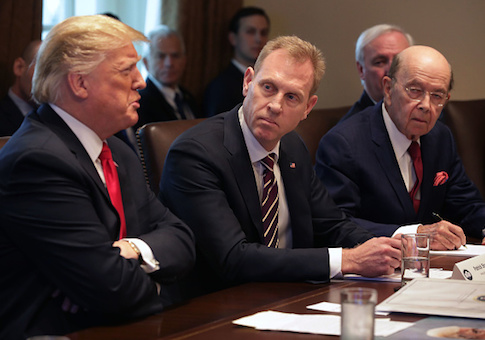 Donald Trump leads a meeting of his Cabinet, including acting Defense Secretary Patrick Shanahan and Commerce Secretary Wilbur Ross