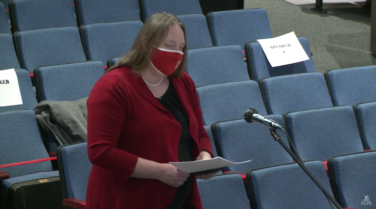 Kimberly Adams, FEA president, speaking at a Fairfax County Public School Board meeting on January 21, 2021 | Fairfax County Public School Board Youtube