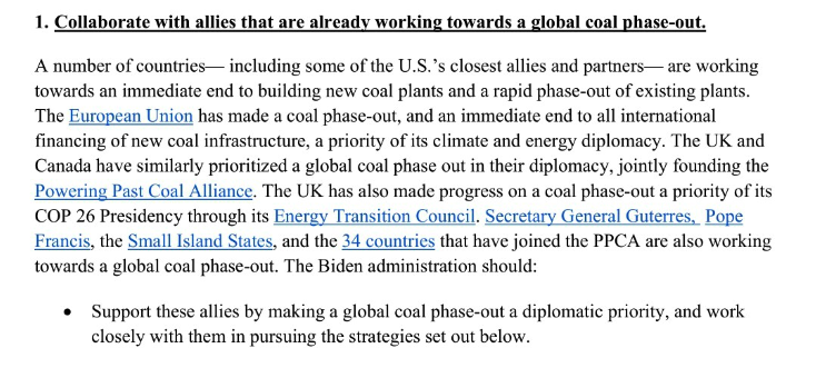 The 2021 NRDC memo's top recomendation for the Biden administration was to join the Powering Past Coal Alliance. Kerry announced the U.S. would join the alliance in December 2023.