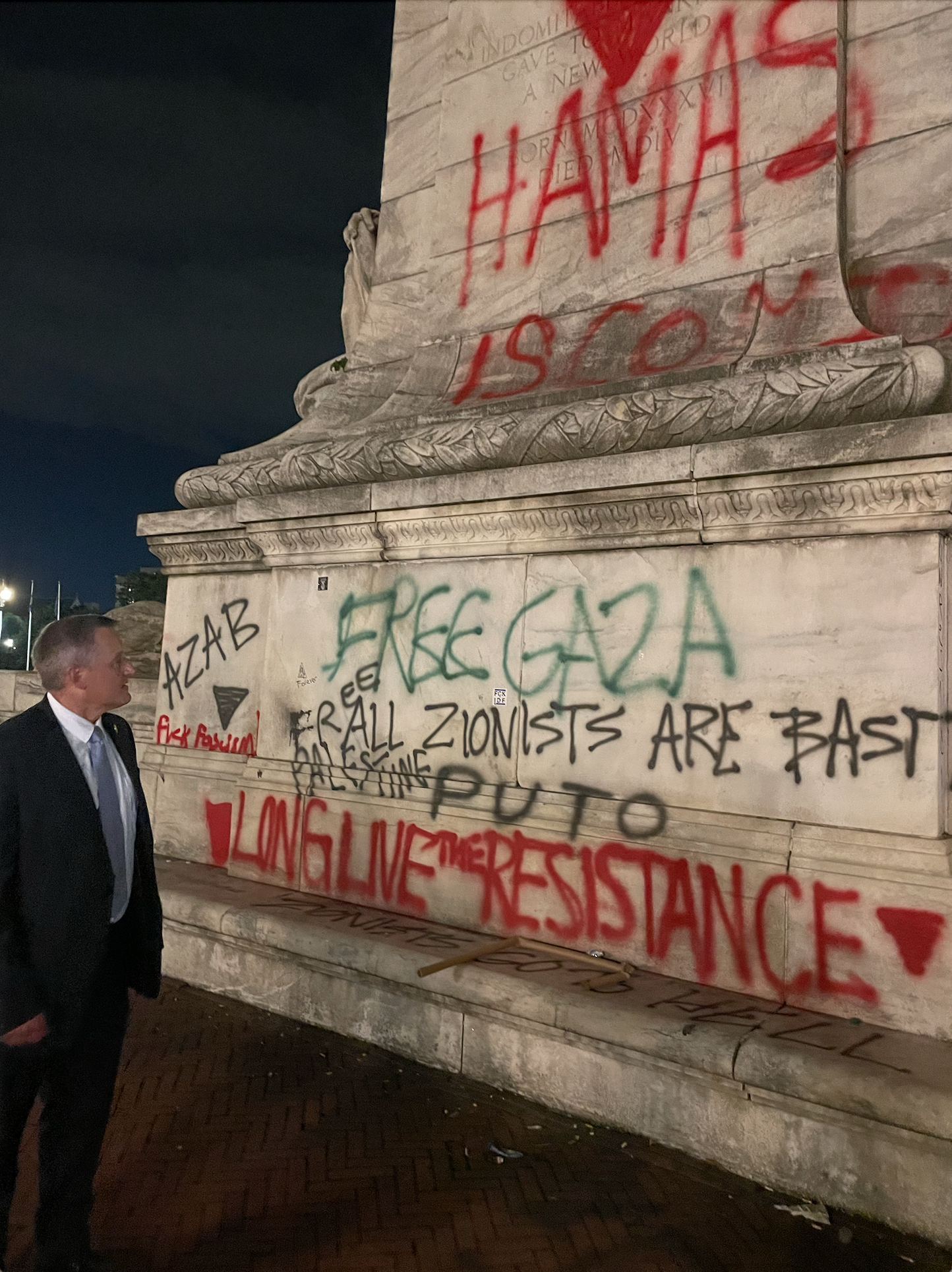 Westerman tours the area where protesters defaced several monuments with pro-Hamas slogans. (Photo Credit: Office of Congressman Bruce Westerman)