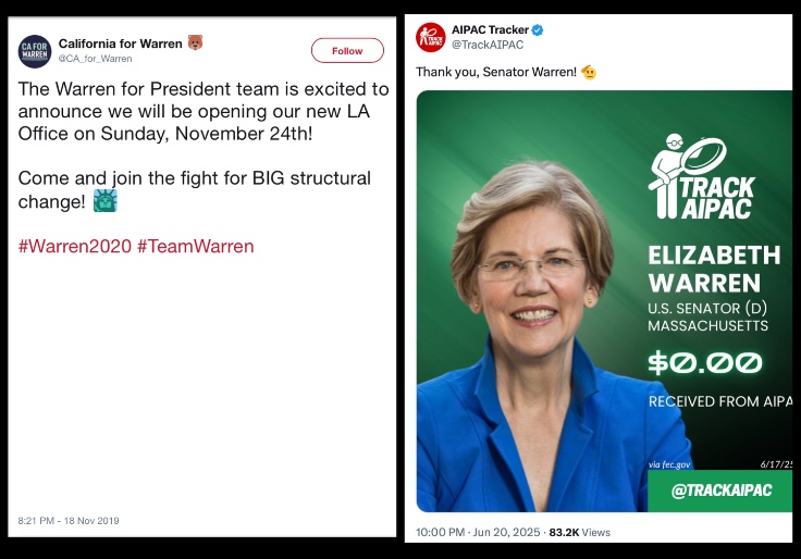 Israel-Hating ‘TrackAIPAC’ Attack Account Used To Be Elizabeth Warren-Boosting ‘California for Warren,’ Raising Money for Her Presidential Bid